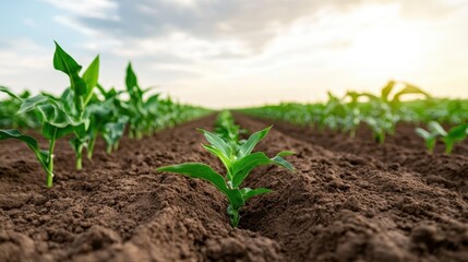 A close-up view of a single corn plant emerging from freshly tilled soil, highlighting the resilience of nature as it begins its journey towards growth and sustenance.