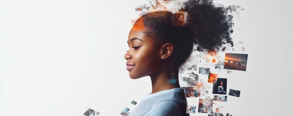 A young woman with memories represented visually on her head