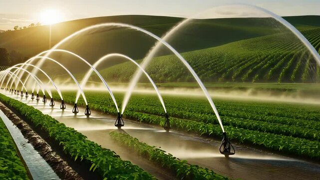 Advanced Agricultural Irrigation System Spraying Water Over Lush Green Rows of Crops in a Rolling Countryside at Sunset

