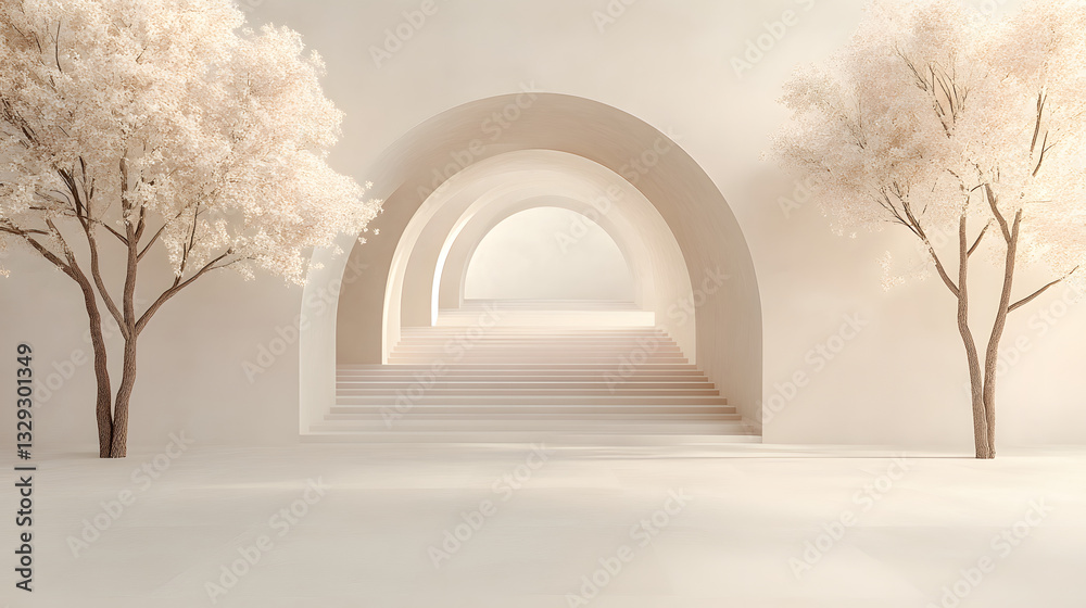 Poster A serene, minimalistic scene featuring white arches and soft trees, creating a tranquil and ethereal atmosphere