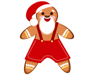 Funny gingerbread man clipart. Christmas cookie character  wear red Santa hat. Homemade backery