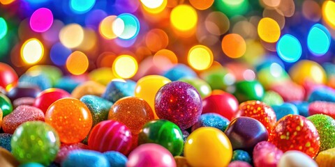Fototapeta premium Macro shot of vibrant, colorful candies, bokeh background.