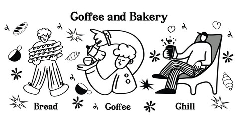 Charming doodle-style coffee shop and bakery icons! This vector set features hand-drawn outline illustrations of café essentials, from coffee cups and pastries to brewing equipment and supplies. Perfe