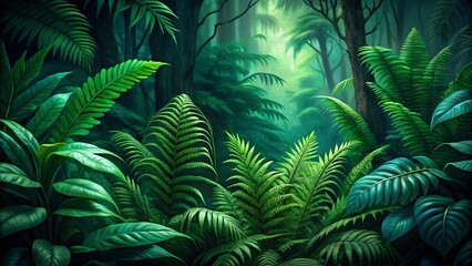 Closeup of green fern leaves with lush foliage and tropical textures in a vibrant natural setting