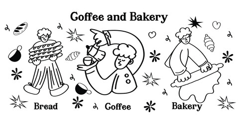 Charming doodle-style coffee shop and bakery icons! This vector set features hand-drawn outline illustrations of café essentials, from coffee cups and pastries to brewing equipment and supplies. Perfe