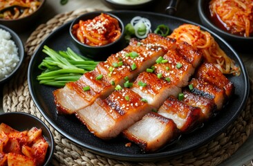 Serving Korean Pork Belly with Kimchi and Green Onion Accompaniments