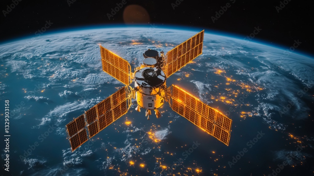 Poster a spacecraft with solar panels orbits earth, collecting data on cosmic radiation and sending telemet