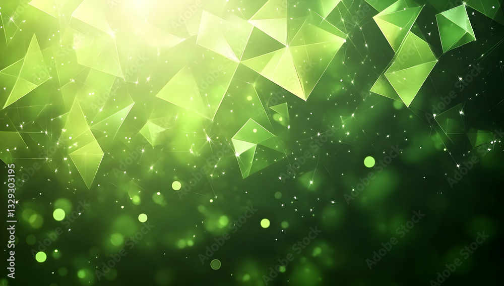 Wall mural abstract green background with low-poly triangles and bokeh lights