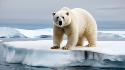 Obraz premium The imposing presence of an Arctic bear on the brink of an Antarctic iceberg symbolizes the hard environment, the bear's majestic nature, and its capacity to survive and rule in this difficult setting