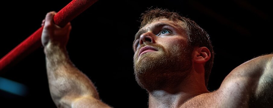 Witness the power and grace of a gymnast on parallel bars, captured mid-swing in breathtaking detail The extreme muscle definition is highlighted by high-contrast lighting, showcasing the athlete's