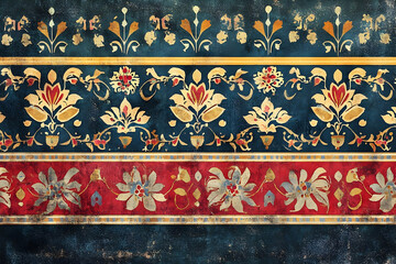 Traditional geometric ethnic borders and floral Mughal art elements combined for vintage textile designs --ar 3:2 - Image #1 @Celeste