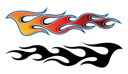 Fire flames racing car decal vector art graphic. Burning tire and flame sports car body side vinyl decal. Side speed decoration for cars, auto, truck, boat, suv, motorcycle.