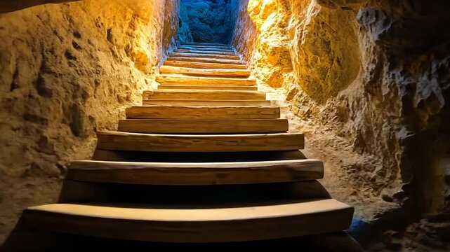 Ancient wooden stairs descending into a cave