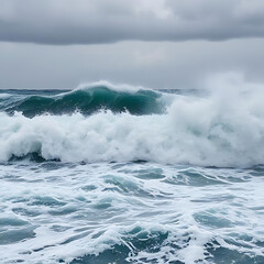 Naklejka premium A dramatic, close-up view of turbulent ocean waves whipped up by a passing hurricane