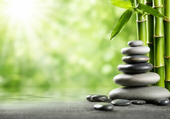 Obraz premium Zen garden with stacked stones and bamboo in serene natural setting