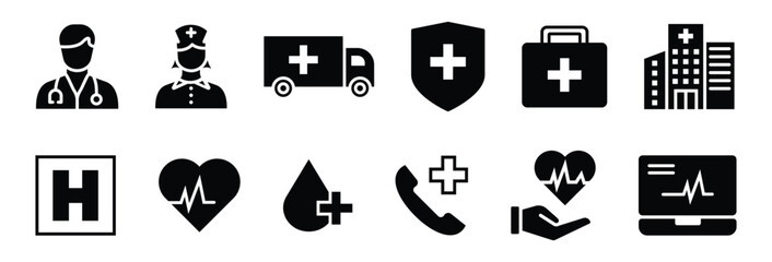 Health care and medical icon set. icons for hospital, health care, emergency, doctor, diagnosis, report, illness, ambulance and more. vector design.