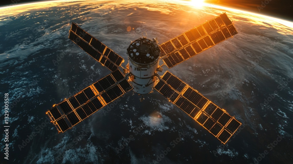 Poster a satellite equipped with solar panels orbits earth, transmitting telemetry data as the sun sets on 
