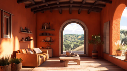 Fototapeta premium Stylish industrial cottagecore living room with warm terracotta and ochre accents. A rustic wooden coffee table, leather armchair, and a variety of plants bring a touch of nature indoors