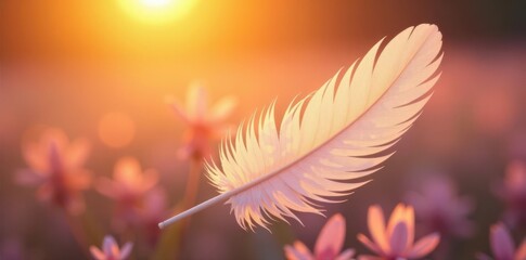 Naklejka premium Soft white feather pattern, bathed in sunset orange light , feather, white