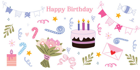 Celebrate a happy birthday with cake, presents, flowers, and sweet treats! Enjoy a festive party with balloons, candles, and gifts wrapped in ribbons. Perfect for joyful moments, surprises