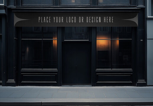 Dark Storefront Sign Mockup &ndash; Night Shop Exterior Branding Board on Black Facade