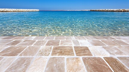 Obraz premium Tranquil Seascape View From Stone Pavement with Clear Blue Water