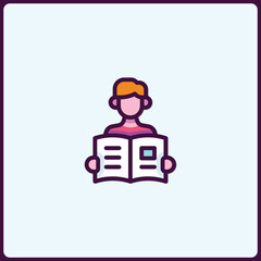 Minimalist icon illustration of a person attentively reading an open book or newspaper