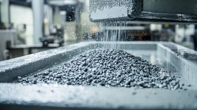 Polymers are combined with aggregates and fillers in a production facility, followed by molding and curing processes to create polymer concrete components efficiently.