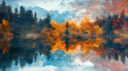 Naklejka premium Autumn forest reflected in water. Colorful autumn morning in the mountains. Colourful autumn morning in mountain lake. Colorful autumn landscape