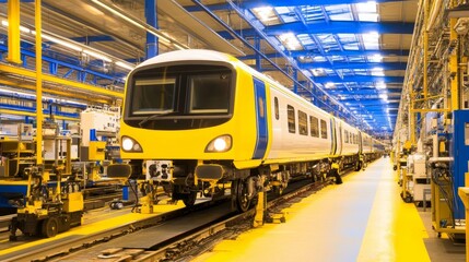 Modern train in a bright industrial workshop with machinery and equipment in the background