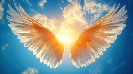 Angelic wings against a vibrant sky