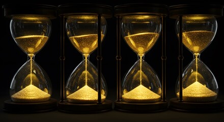 Four Hourglasses with Flowing Golden Sand on Dark Background