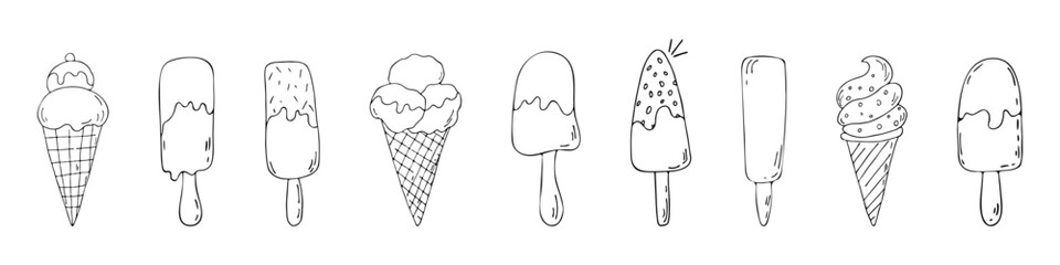 Vector illustration Ice cream Hand drawn doodle set. Different types, waffle cone, cup ice cream, popsicle on a stick. Sketch style cafe menu, card, birthday card decoration. Frozen juice. Black line