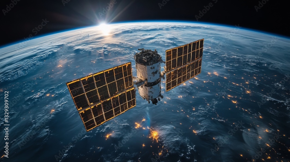 Poster a satellite orbits earth, capturing data and transmitting telemetry while the sun rises above the ho