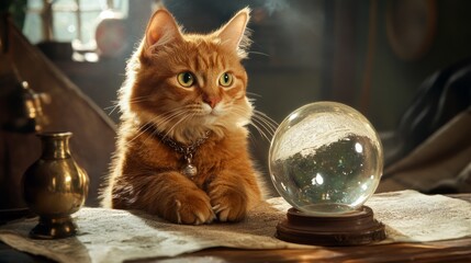 Mystical Ginger Cat Gazes Into Crystal Ball. Whimsical Fortune Teller For Halloween, Autumn, Or Fantasy Themes.