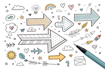 Creative hand drawn arrows and doodles illustration featuring various symbols and a pen PNG   transparent stickers,