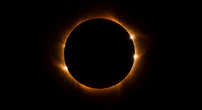 Total solar eclipse with glowing corona in dark sky