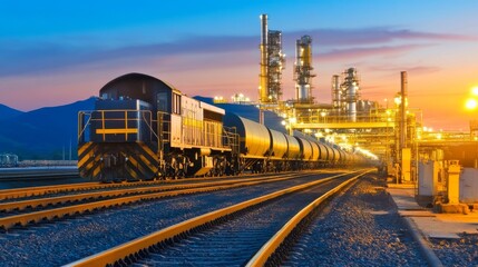 Fototapeta premium Freight train transporting cargo at sunset near industrial facilities with glowing light