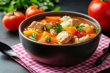 bowl of soup with chicken, cabbage, an