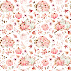 Orange and pink pumpkins, sunflowers and fall leaves on white background. Watercolor pattern in pastel colors. Drawing is drawn by hand. Suitable for cards, invitations and textiles. Ready-made print