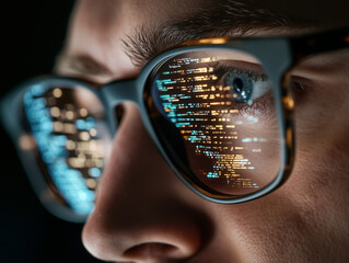 Programmer working late at night focusing on computer code reflecting in glasses