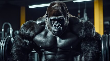 Gorilla Powerlifter. Strong Animal Training In The Gym. The Symbol Of Wild Power.