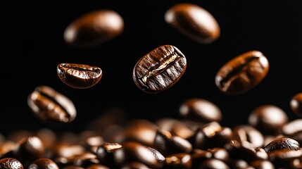 Fototapeta premium Dynamic shot of roasted coffee beans floating in mid-air against a bold dark background, symbolizing energy and freshness.