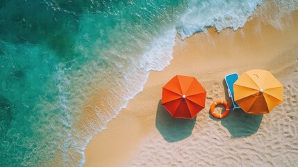 Aerial View of Beach Umbrellas and Waves