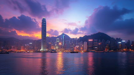 Naklejka premium stunning city skyline at dusk, showcasing vibrant colors and reflections on water
