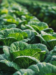 A closeup view of lush, vibrant green cabbage leaves, with intricate veining and water droplets glistening on the surface, creating a striking visual texture.