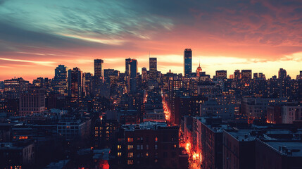 Obraz premium vibrant city skyline at dusk, showcasing illuminated buildings and colorful sky