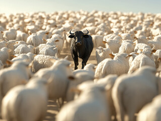 Black bull walking in opposite direction of white sheep herd