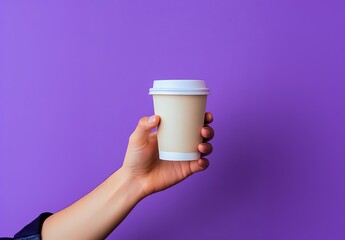 Hand holding a plain takeaway coffee cup against a vibrant purple background, symbolizing coffee culture and modern lifestyle.