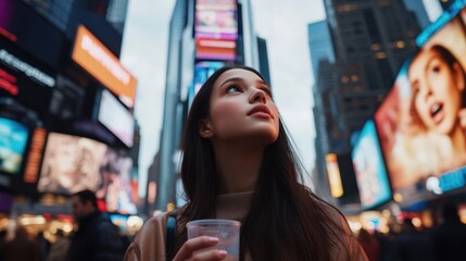 Young woman gazing at vibrant city lights in Times Square, NYC. Enjoying a moment of wonder among the bustling crowd.